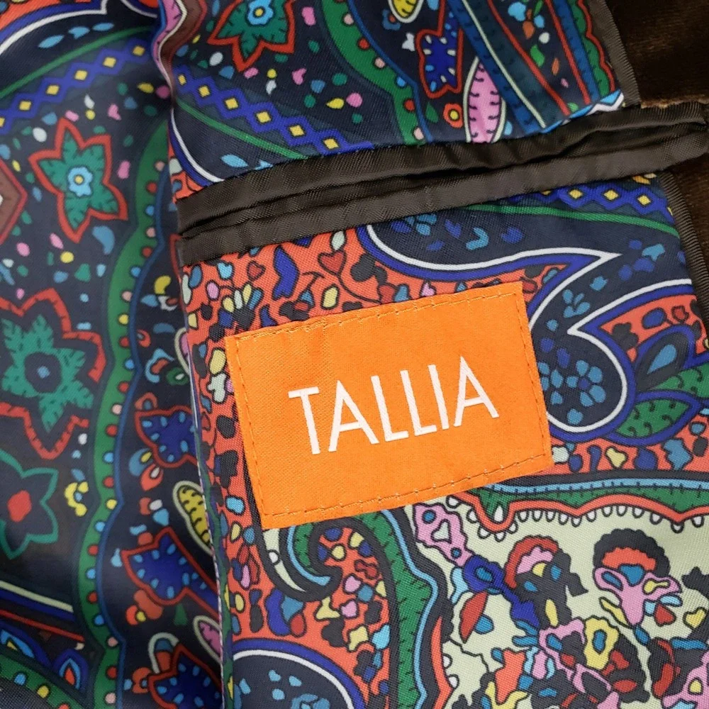 Tallia Mens Brown Velvet Shawl Lapel Blazer Paisley Lining 48R Smoking Jacket